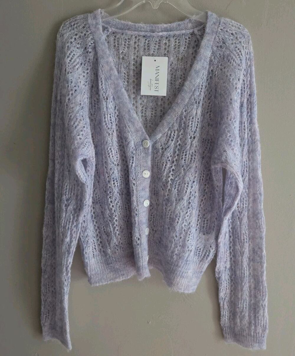 Manifest Boutique Lilac Lace Knit Cardigan Pointelle XS–S Fit